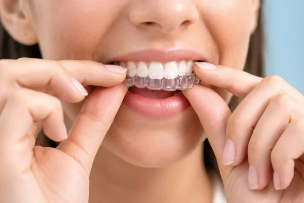 Adult fitting a clear dental aligner over her teeth.